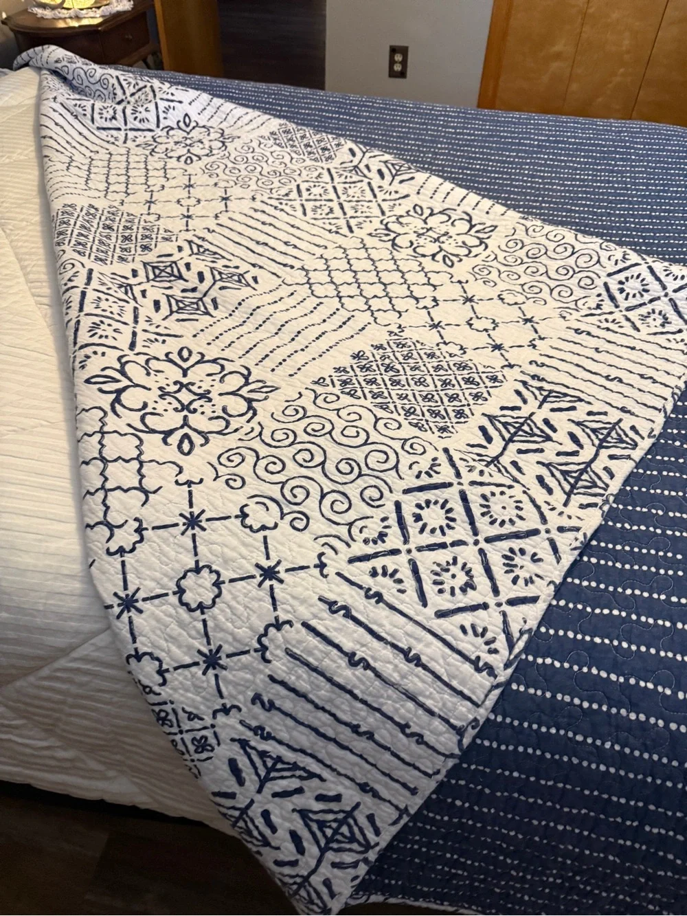 Navy and White Patchwork Quilted Reversible Bedspread - Full/Queen